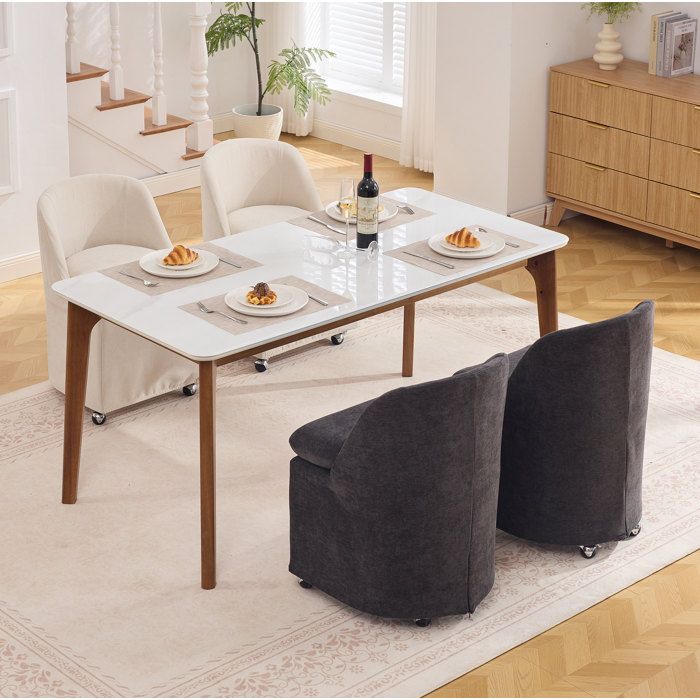 Chaise de salle à manger à roulettes AESVAR lot de 2 en tissu chenille beige avec housse amovible