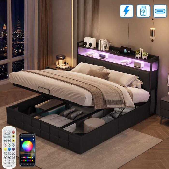 Lit Coffre Hydraulique 140x190cm avec LED réglables et USB Tpye C - Rangement de Chevet - Sommier à lattes - 2 Personnes - PU Noir