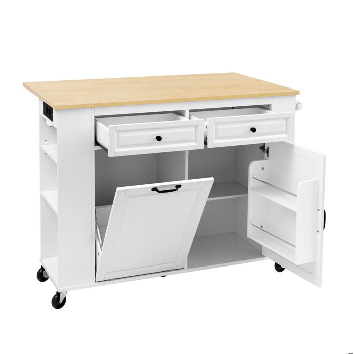 Îlot central de cuisine – blanc et naturel – plateau extensible roulettes prises intégrées tiroirs