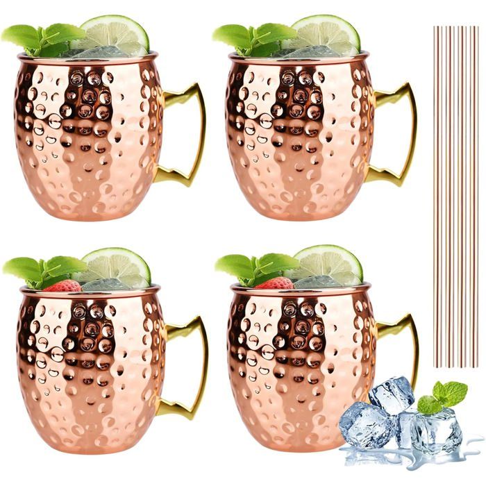 Ensemble de 4 tasses à cocktail Moscow Mule tasses en cuivre de 500 ml avec pailles