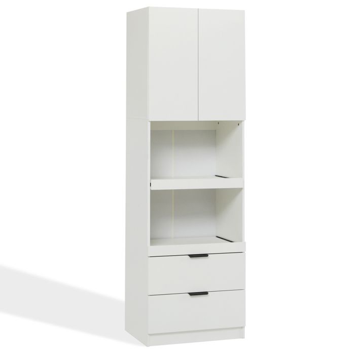 Armoire de cuisine blanche 200 cm avec tiroirs portes niche micro-ondes et système anti-basculement Armoire de cuisine blanche 200 cm avec tiroirs portes niche micro-ondes et système anti-basculement