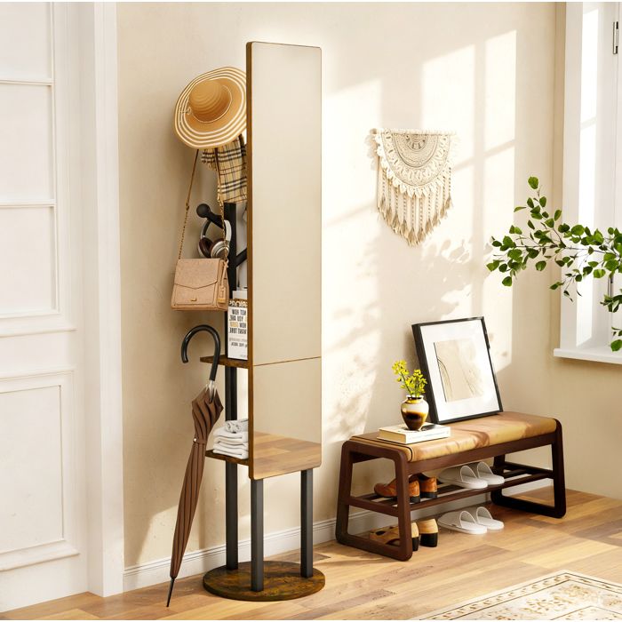 Vestiaire d’entrée avec miroir pleine longueur 360° – noir et marron – 40 x 40 x 174 cm