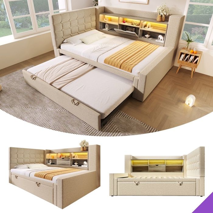 Lit coffre 90x200 cm en lin beige avec tête de lit L rangement LED et ports USB lit escamotable 90x190
