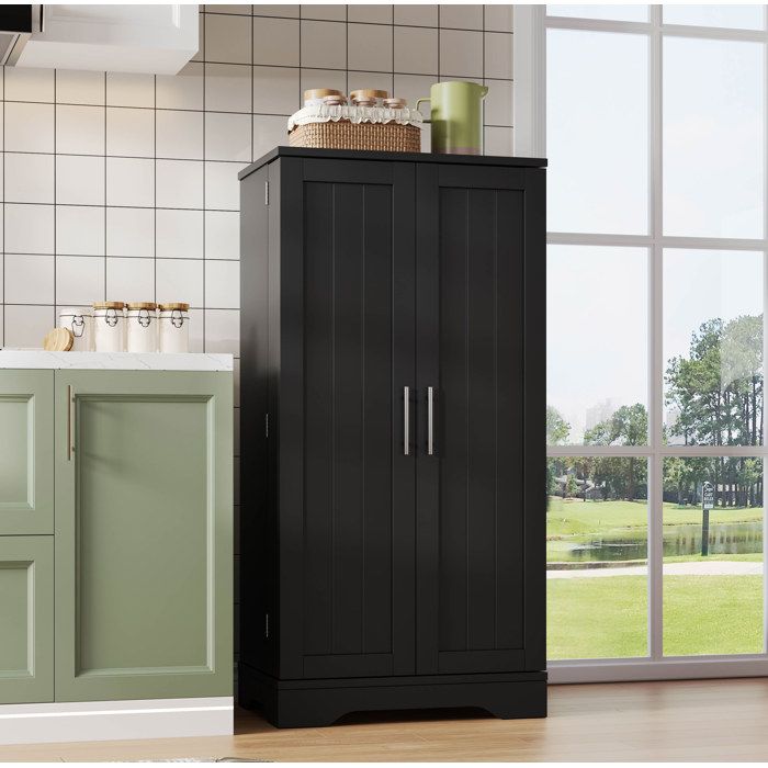 Buffet de cuisine noir en MDF avec LED capteur 2 portes étagère réglable et rangements de porte FOLYNA