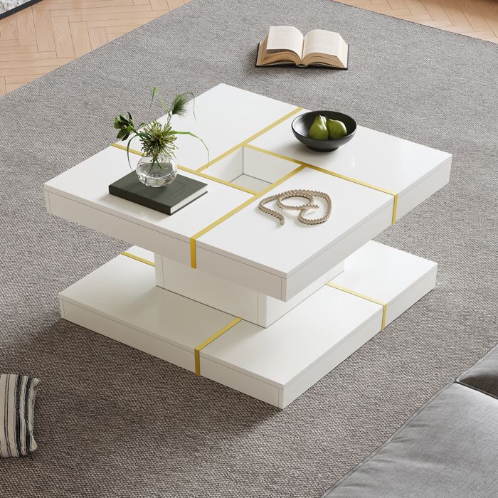 WUVRIE Table basse carrée double niveau panneau de particules blanc détails métalliques dorés