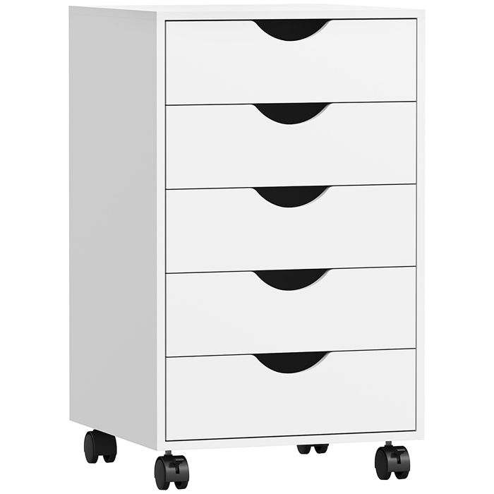 Caisson bureau mobile meuble rangement sur roulettes avec 5 tiroirs bois 40 x 40 x 67 cm blanc