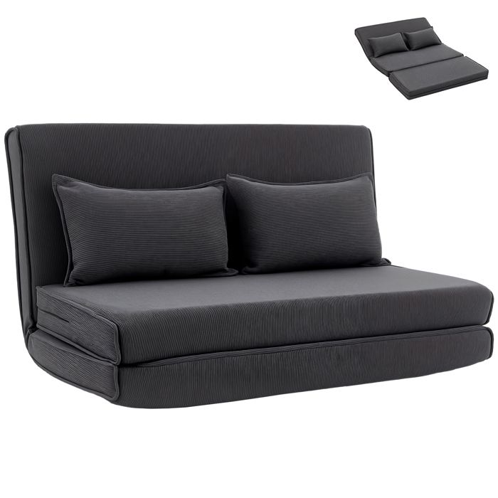 Chauffeuse 2 places convertible Canapé-lit pliable Velours côtelé gris Dossier réglable 5 positions 2 oreillers