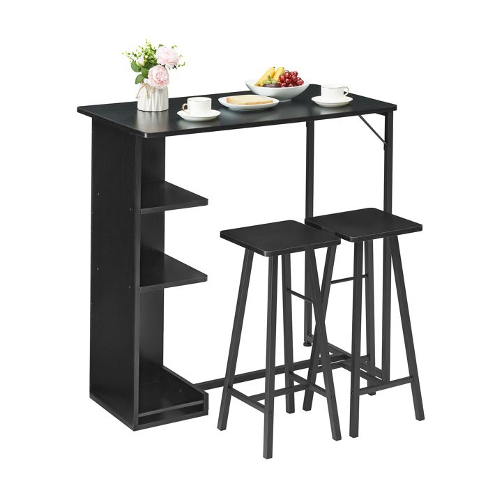 Ensemble table à manger 3 pièces - Table + 2 tabourets - Rangement 3 étagères - Acier/MDF - 90 cm - Cuisine/appartement/studio