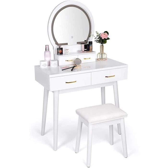 Coiffeuse Avec Miroir LED Réglable - 4 Tiroirs - Prise Intégrée - Support Sèche-cheveux - Blanc