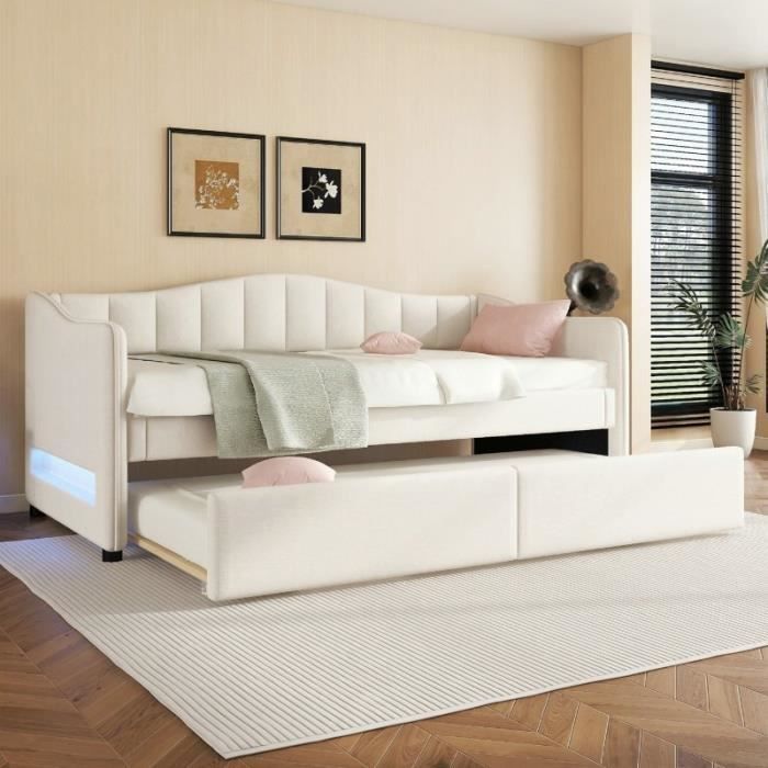 Lit gigogne - Canapé-lit - Lin & MDF - 90 x 200 cm - LED télécommandée réglable