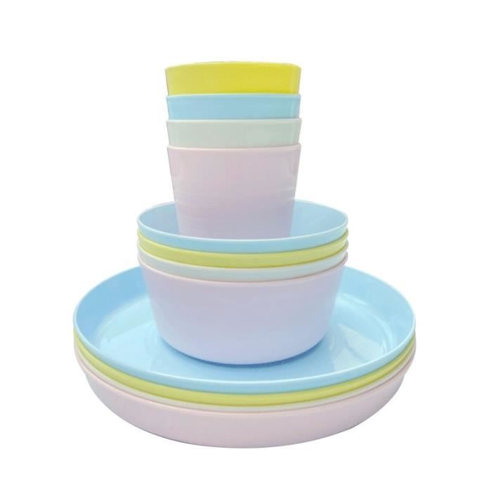 Services de table,Service de vaisselle en plastique de 12 pièces, réutilisable sans BPA 4 tasses,4 bols et 4 assiettes L4MF - Cdiscount Maison