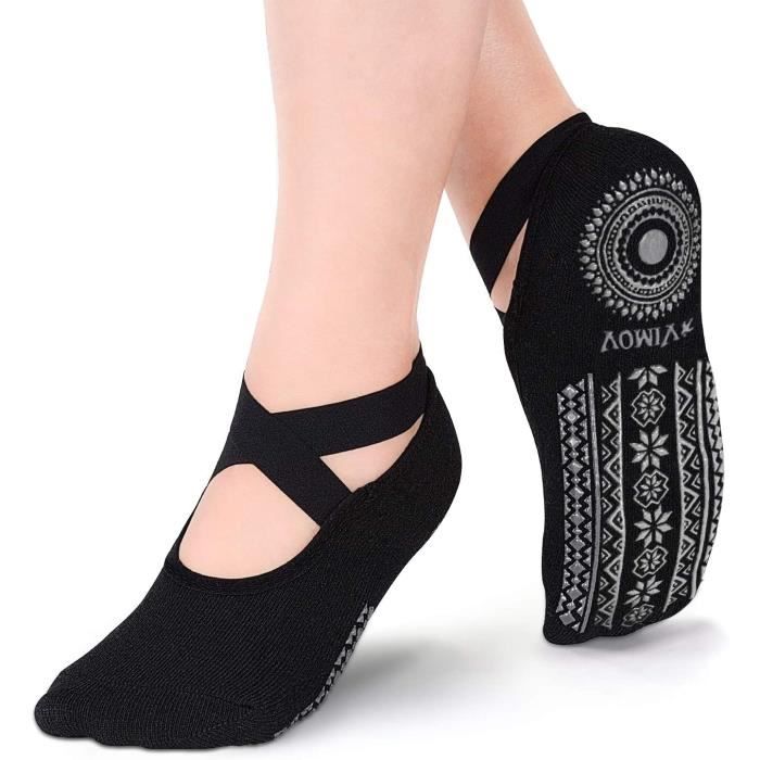 chaussettes antidérapantes femmes,3pcs noires chaussettes en coton homme pour pilates,barre,yoga,ballet,sport