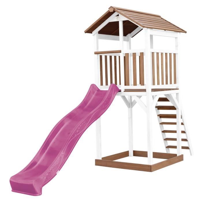 AXI Beach Tower Aire de Jeux avec Toboggan en violet & Bac à Sable | Grande Maison enfant extérieur en marron & blanc