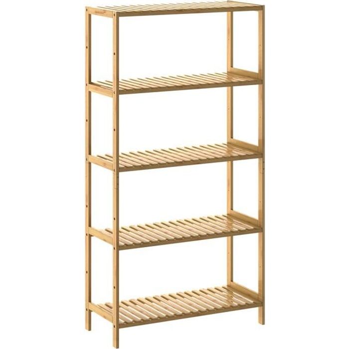 Étagère de rangement en bambou 130x60x26 cm 5 niveaux réglables en hauteur Charge max. 50 kg