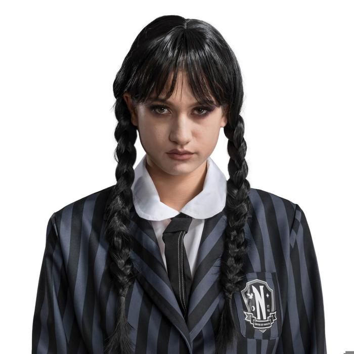 Perruque Mercredi Addams Noire Longue – Double Natte – Collier Inclus – Enfant Adulte