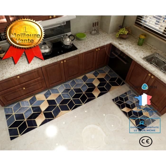 CONFO Tapis de sol de cuisine tapis de porte detatami tapis de salle de bain tapis antidérapant Noir Bleu 40 * 60 + 40 * 120 cm