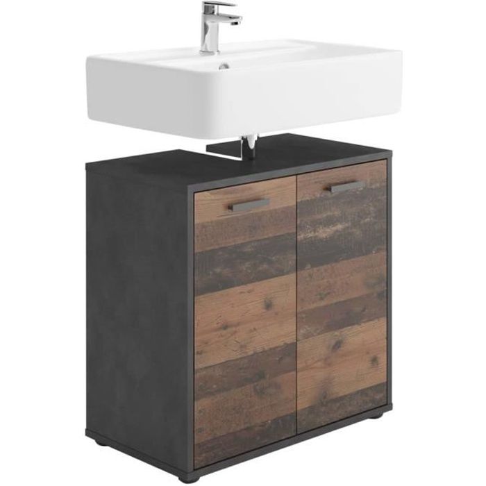 meuble sous-lavabo en imitation chêne - fmd - madoc - 2 tiroirs - brun - 60 x 33 x 59 cm
