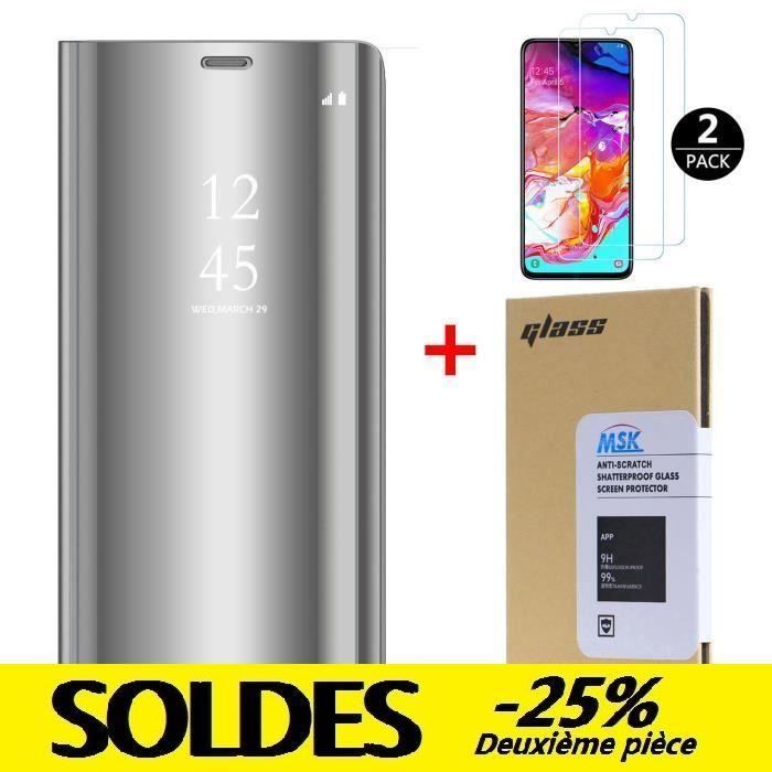 Coque Samsung A70 + [2 Pack] Verre tremp?�, Miroir Case Avec Stand Fonction Flip Protection Pour 