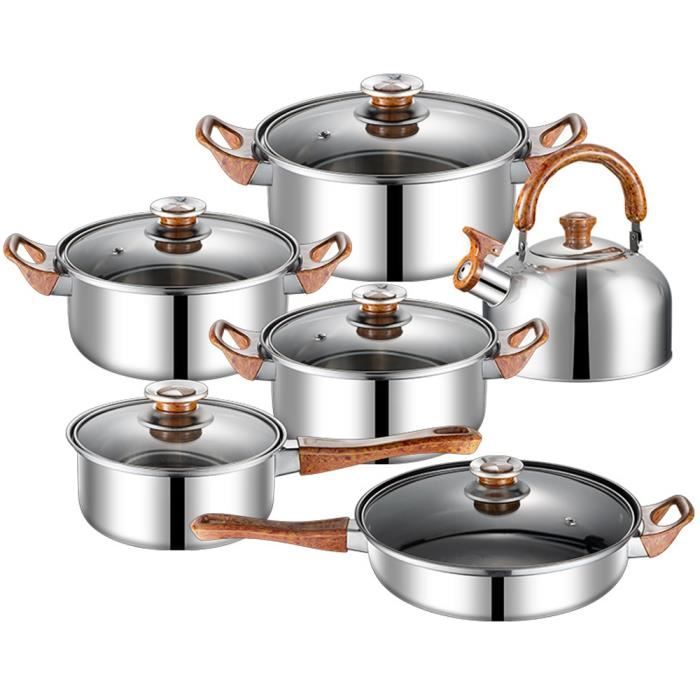 12 Pièces Batterie de Cuisine en Acier Inoxydable de Poignées en Bois