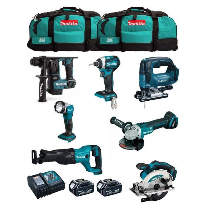 MAKITA Kit MK703 DHR171 + DGA504 + DTD154 + DJR186 + DJV182 + DSS610 + DML802 + 2 x 5 0 Ah + DC18RC + 2 x LXT600