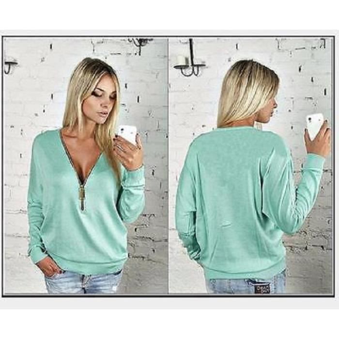 Pull Femme Sweatshirt Fermeture Eclair Col V Bl Bleu ciel