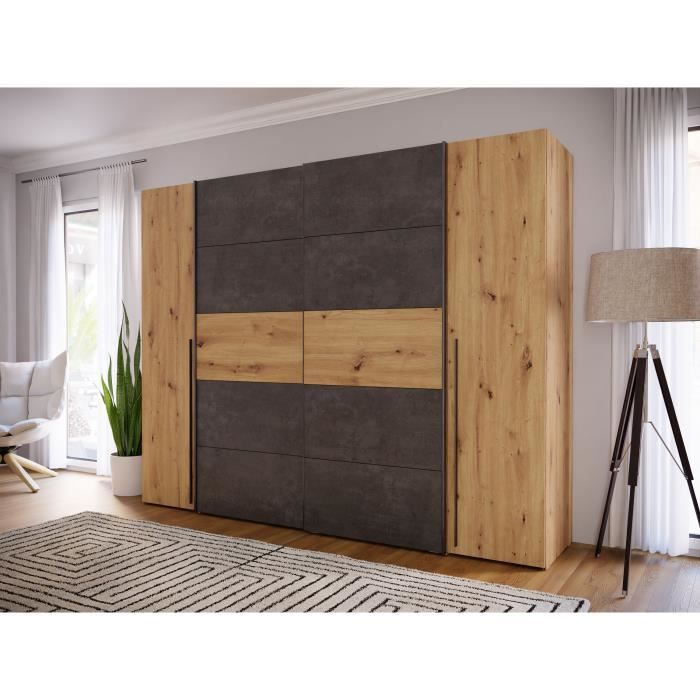 Armoire - Décor chêne artisan et béton gris - 2 portes battantes + 2 portes coulissantes - L 2703 x P 612 x H 210 cm - NARAGO