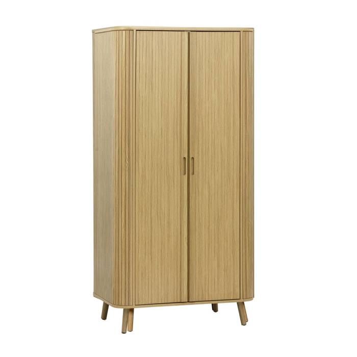 Armoire 2 portes décor bois rainuré avec étagère et penderie. L 90 x P 60 x H 180cm