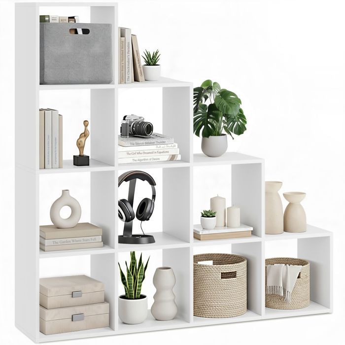 Bibliothèque - TECTAKE - Étagère escalier TALISA avec 10 compartiments au design cubique 130 x 29 x 130 cm - Blanc