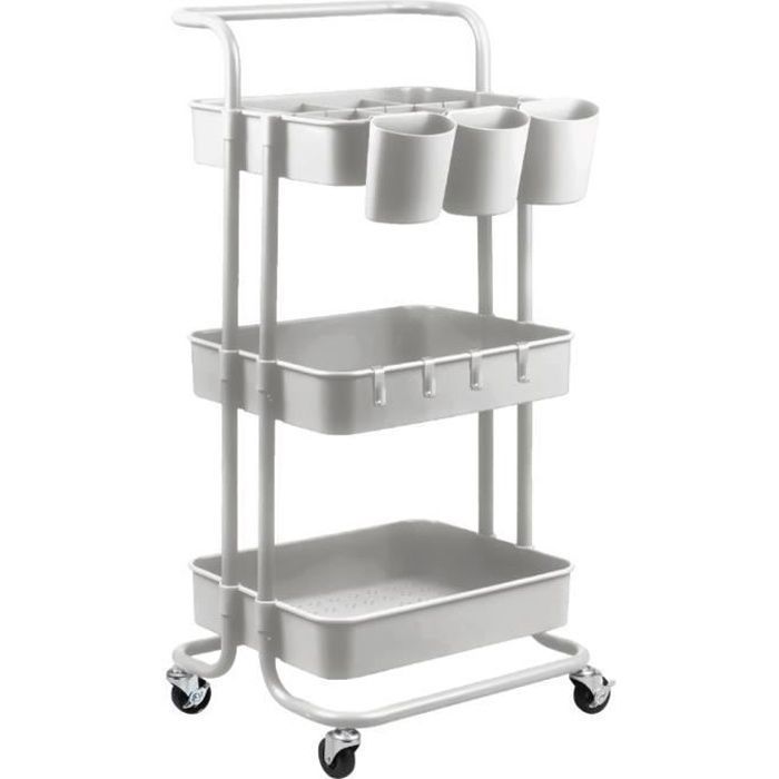 Desserte chariot de rangement à roulettes avec poignée - 3 étagères - Blanc - Vivezen