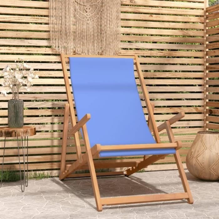 Chaise Longue Jardin En Teck – Coussin Bleu Inclus – Dossier Réglable, Roues – 195 X 59,5 Cm