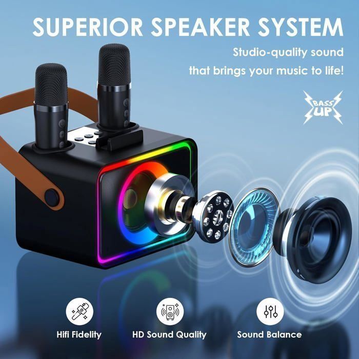 Ankuka Karaoké Enfant Portable – 2 Micros, Haut-parleur Bluetooth, LED, Effets De Voix, 8-10h D'autonomie, Pour 3-18 Ans