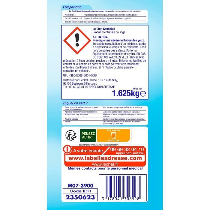 Stock Bureau - LE CHAT Lessive Hypoallergénique Poudre Sensitive – 25  Lavages – Savon de Marseille Amande Douce & Aloe Vera