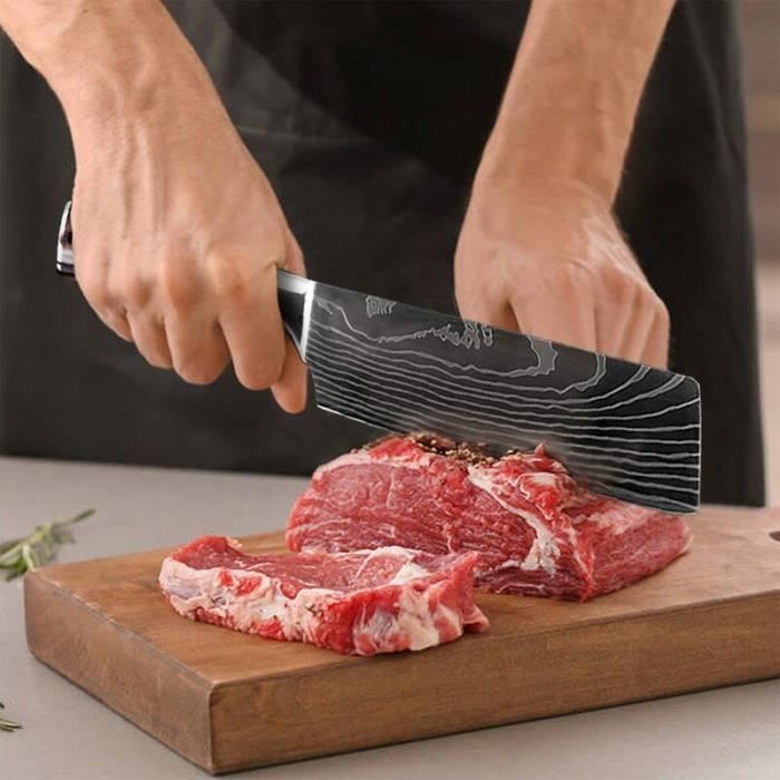 Couteau de cuisine couperet japonais acier damas couteaux de chef outil de  tranchage de viande - Cdiscount Maison
