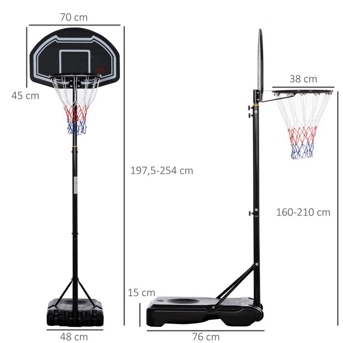 Panier de basket d'extérieur avec support, hauteur réglable de 182 à