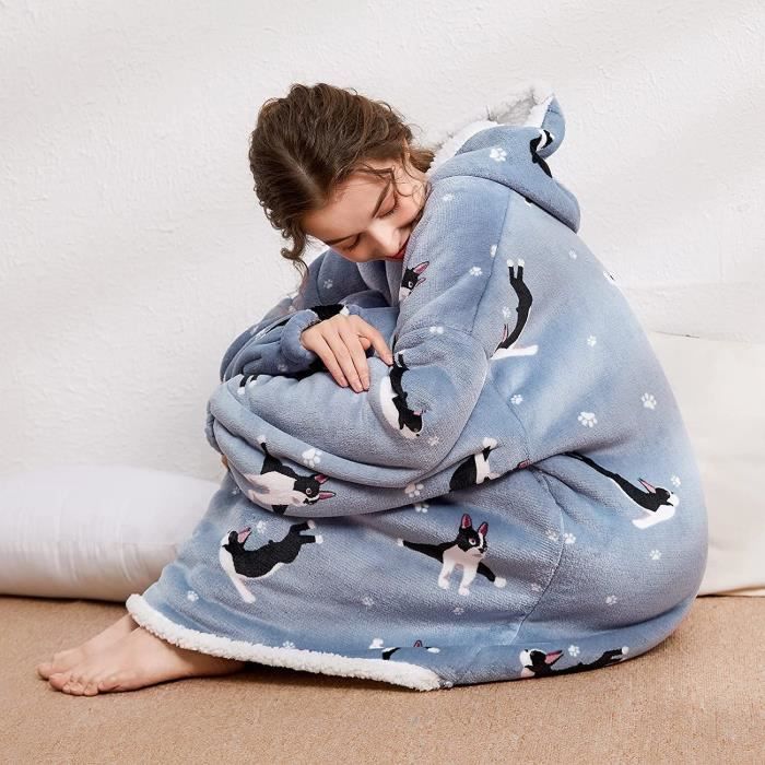 Sweat Plaid peignoir de bain Pull Plaid Polaire Sweats a Capuche Femme Oversized Couverture TV Flanelle pour Adolescents chiot gris