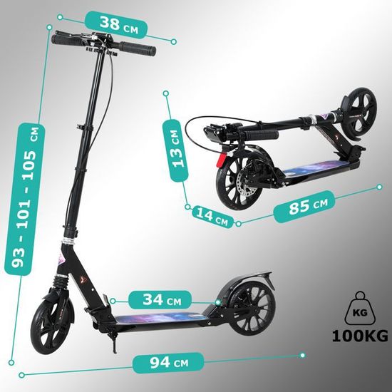 Trottinette adolescent bleu avec béquille et roues XL 200mm