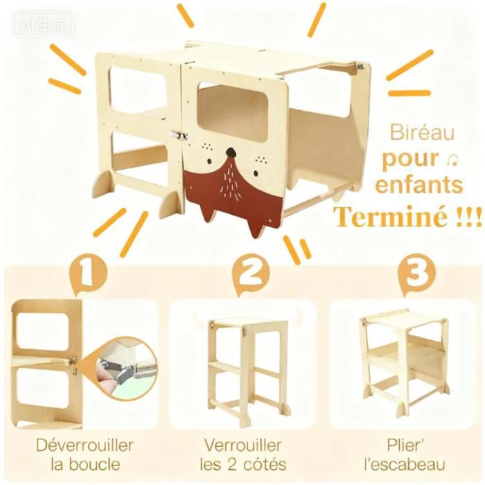 Tour D'Observation Bébé Montessori En Bois Naturel - 3 Hauteurs Réglables, Sécurité Maximale Et Garantie à Vie