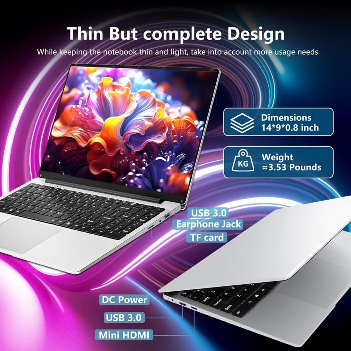 Ordinateur Portable 15.6 Pouces - Processeur Celeron N4000, 12 Go RAM, SSD 256 Go - Écran FHD Orientable 180° - Windows 11