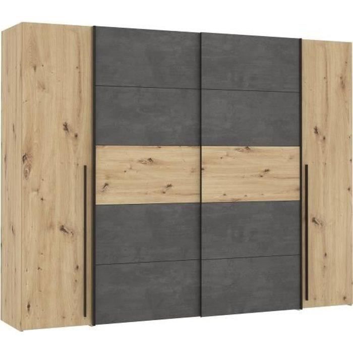 Armoire - Décor chêne artisan et béton gris - 2 portes battantes + 2 portes coulissantes - L 270,3 x P 61,2 x H 210 cm - NARAGO