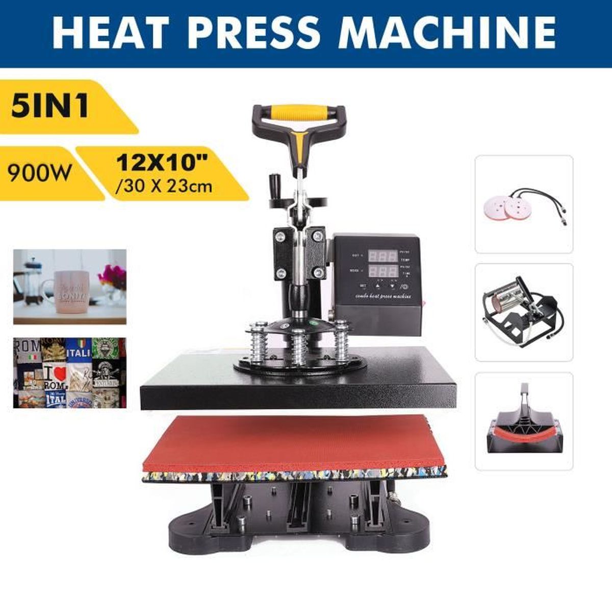 Presse de Chaleur pour T-Shirt Heat Press Machine pour Chapeau Assiette CO-Z 5 en 1 900W 30 x 23 cm Presse /à Chaud Transfert Presse Chaud Digital de Rotation de 360/°