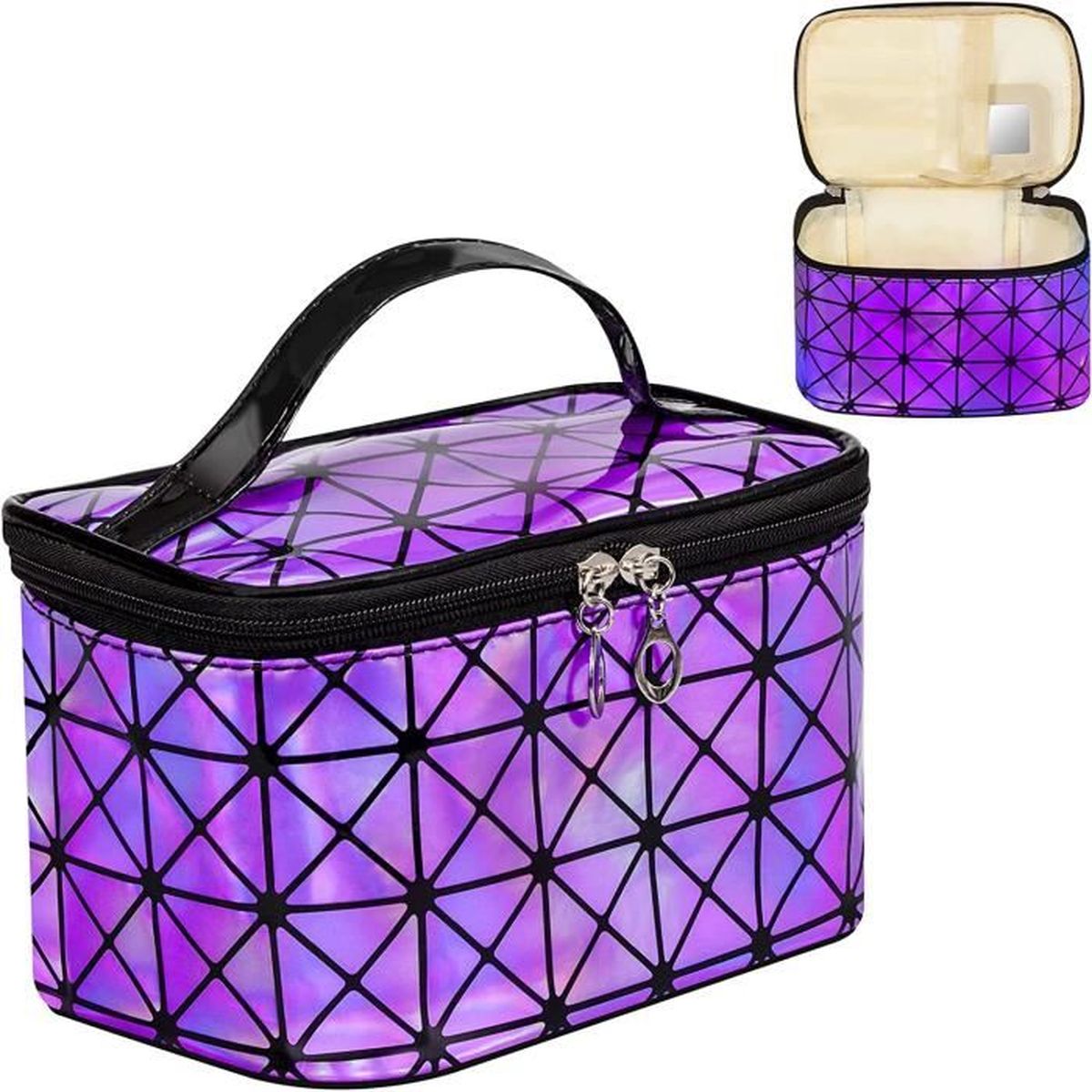 Trousse de Maquillage Portable Double Couche Trousse de Toilette Imperméable Pochette Sac Cosmétique de Voyage Vanity Case avec Brosse Compartiment Noir 