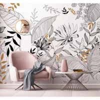 Papier Peint Panoramique Feuilles De Fleurs Minimaliste Noir Et Blanc 3D Poster Decoration Murale Chambre Salon 350x256 cm