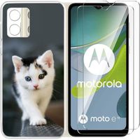 Coque Pour Motorola Moto E13 6.5" + 2 Pack Verres Trempés,Silicone TPU Cover Protection Bumper Anti-Choc Case ,chat blanc élégant
