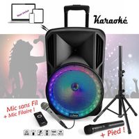 Enceinte Bluetooth nomade sur batterie PARTY-12RGB Karaoke Tuner USB - 2 Micros - Pied Support Ibiza - Soirée Anniversaire Animatio