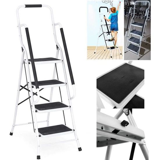 Escabeau 4 Marches BONTEC Avec Plateforme - Charge 181kg, Antidérapant, Pliable | Escabeau Adulte Robuste