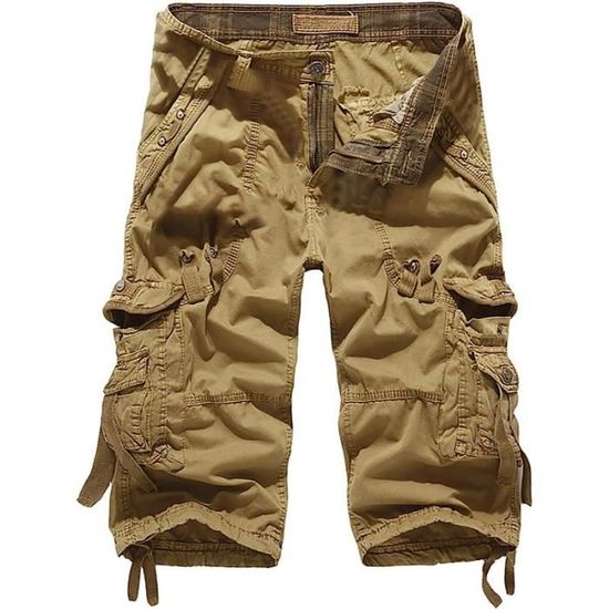 Short Cargo Homme 3/4 Pantacourt Multi-Poches - Bermuda Cargo Élastique Taille Casual Militaire Outdoor Travail Plage