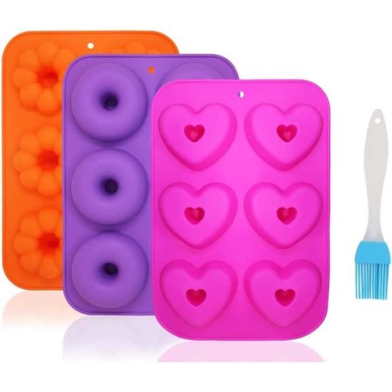 Lot 4 Moules à Donuts Silicone Anti-Adhésif + Pinceau – Formes Individuelles, Facile Démoulage, Pour Gâteaux, Bagels, Muffins