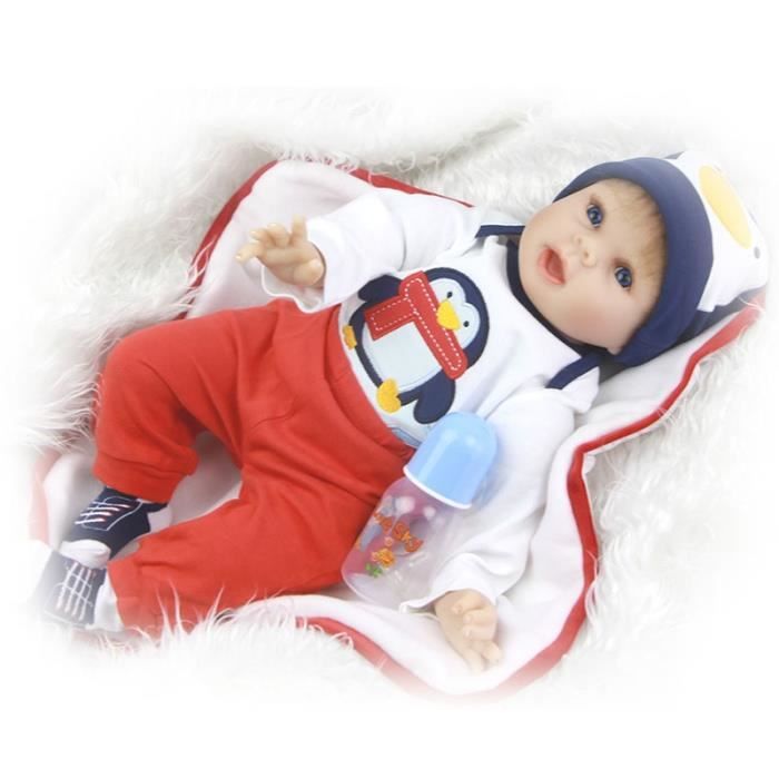 Vivid 22 '' Silicone Mignon Reborn Bébé Poupées avec Grande Bouche Habillé Pingouin Tissu Garçon Bébé Poupées Anniversaire Cadeau De
