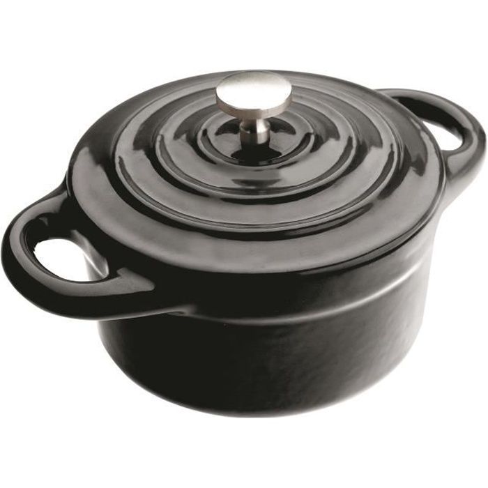 MINI-COCOTTE INDIVIDUELLE RONDE EN FONTE DE FER EMAILLEE VITRIFIEE NOIRE - DIAMETRE 10 CM - HAUTEUR 4.5 CM -0,3 LITRES - EPAISSEU...