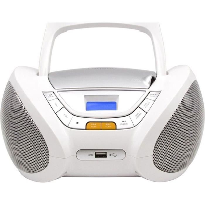 Lauson CP443 Lecteur CD Boombox Radio Portable avec USB, Lecteur MP3 pour Enfant. Prise Casque, Aux-in, Écran LCD (Blanc)